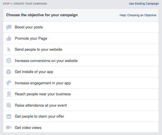 Facebook Campaign Creation Page